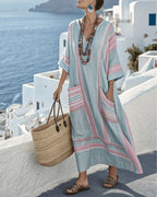 Vyla™ V-Neck Kaftan Maxi Solid Dress with Stripe Detail