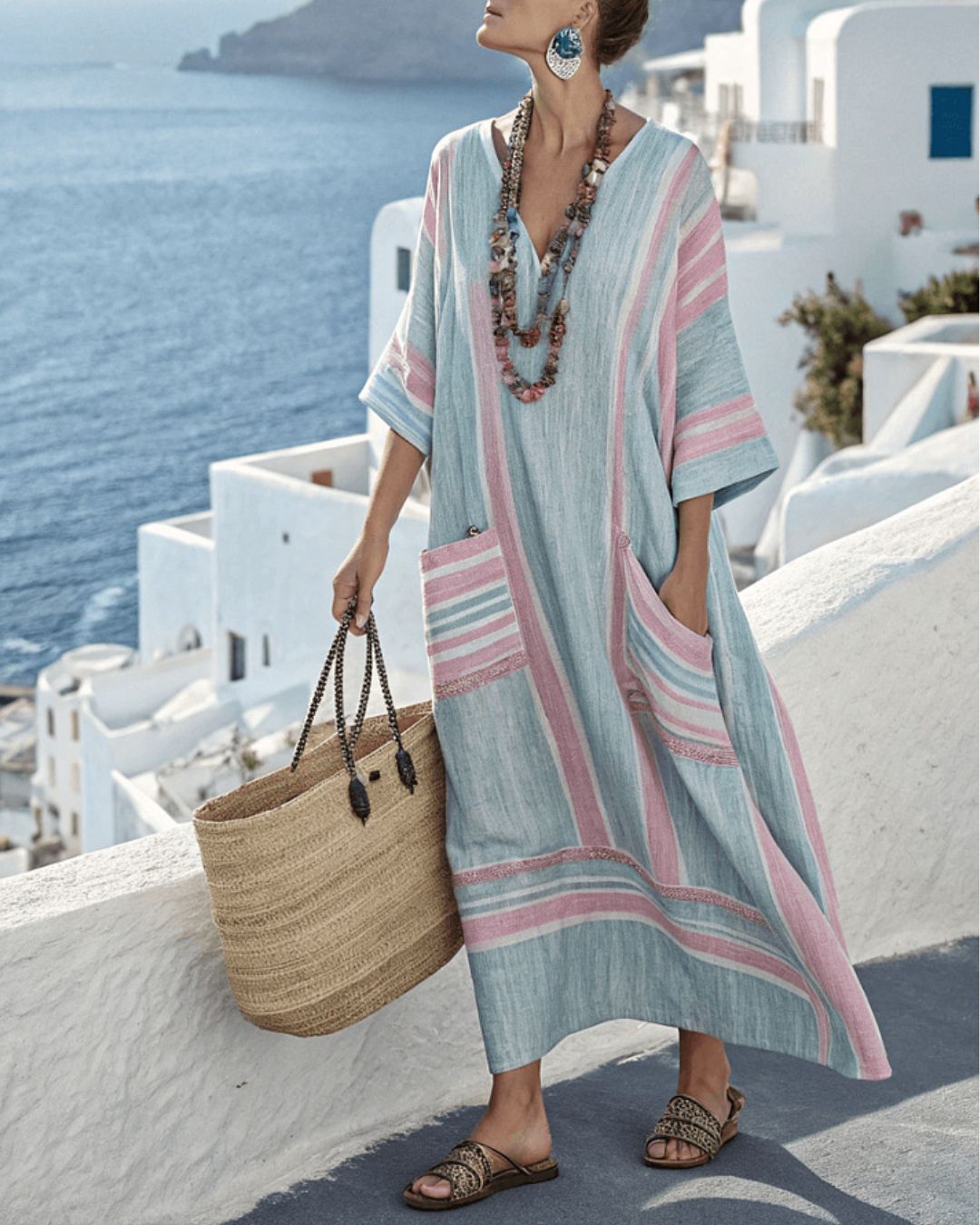 Vyla™ V-Neck Kaftan Maxi Solid Dress with Stripe Detail