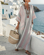 Vyla™ V-Neck Kaftan Maxi Solid Dress with Stripe Detail