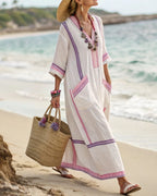 Vyla™ V-Neck Kaftan Maxi Dress with Pink Stripe Detail