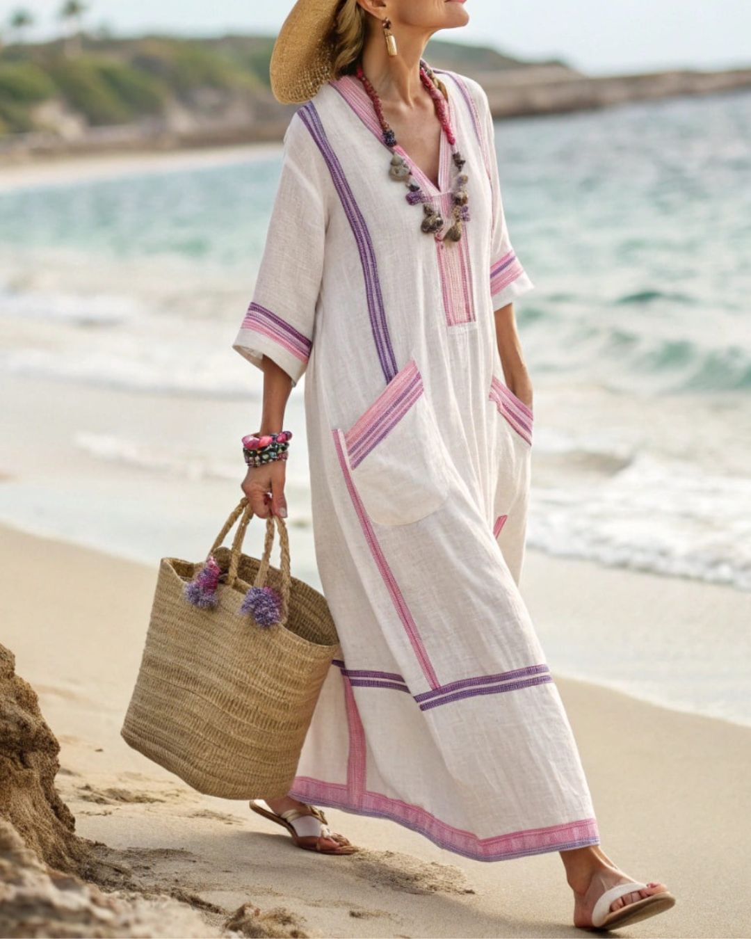 Vyla™ V-Neck Kaftan Maxi Dress with Pink Stripe Detail