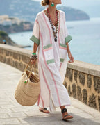 Vyla™ V-Neck Kaftan Maxi Dress with Pink Stripe Detail