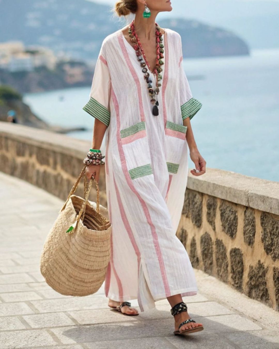 Vyla™ V-Neck Kaftan Maxi Dress with Pink Stripe Detail