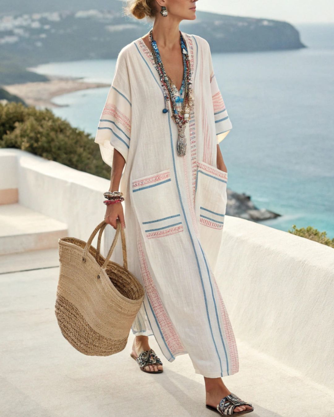 Vyla™ V-Neck Kaftan Maxi Dress with Pink Stripe Detail