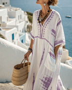 Vyla™ V-Neck Kaftan Maxi Dress with Tie-dye Detail