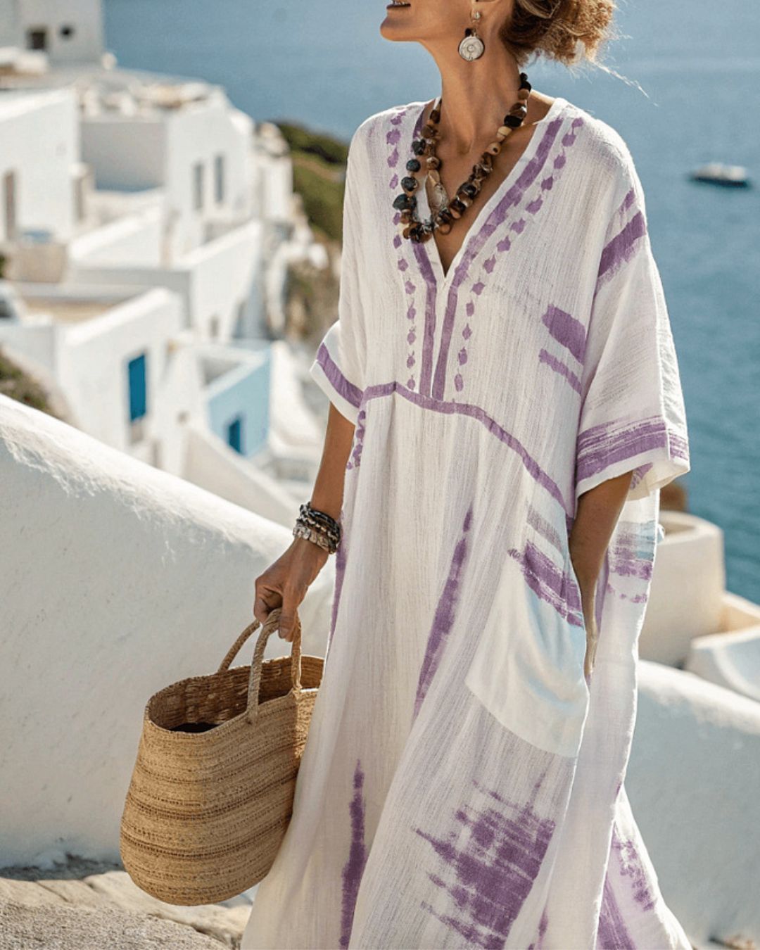 Vyla™ V-Neck Kaftan Maxi Dress with Tie-dye Detail