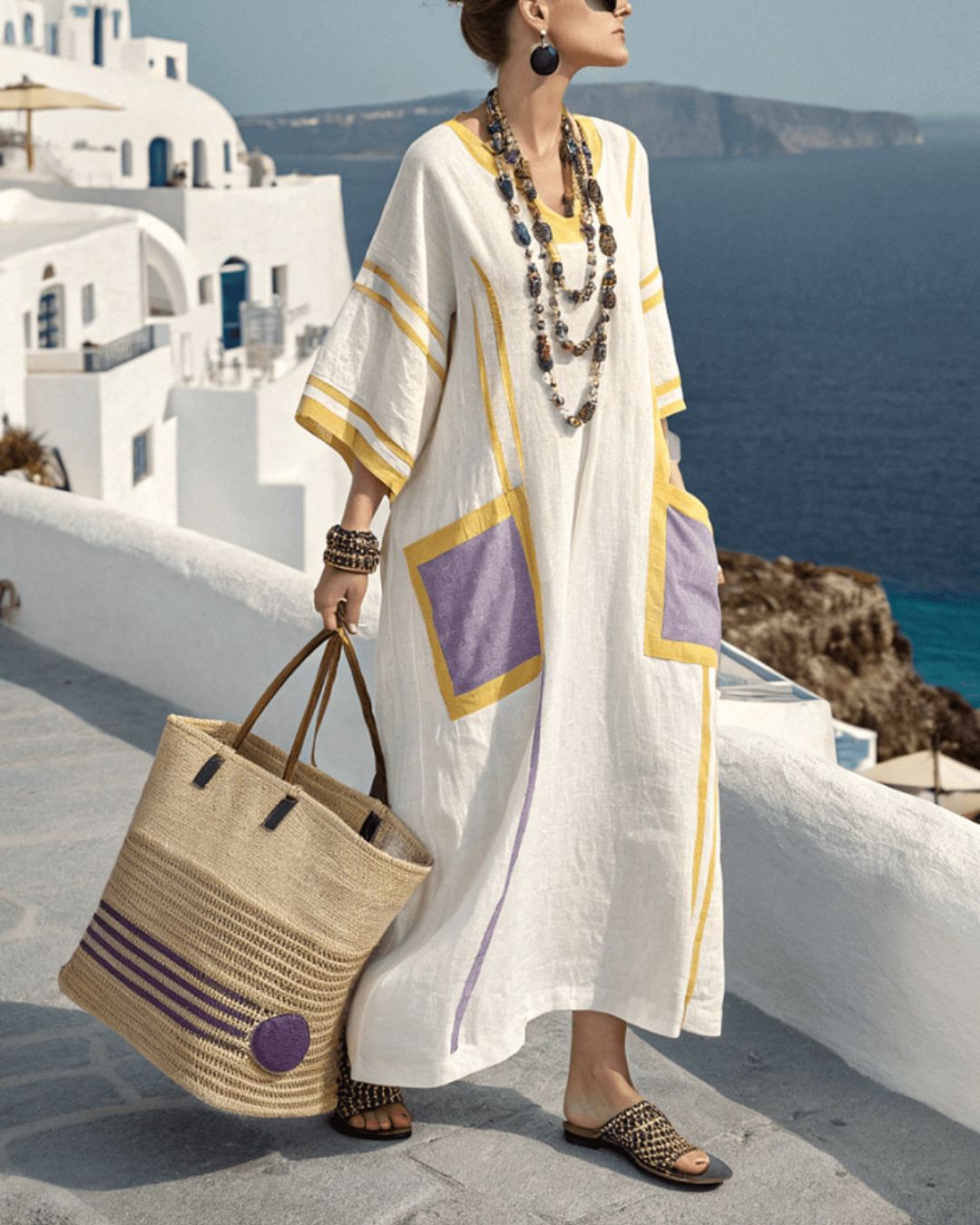 Vyla™ V-Neck Kaftan Maxi Dress with Yellow Purple Stripe Detail