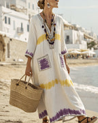Vyla™ V-Neck Kaftan Maxi Dress with Yellow Purple Stripe Detail