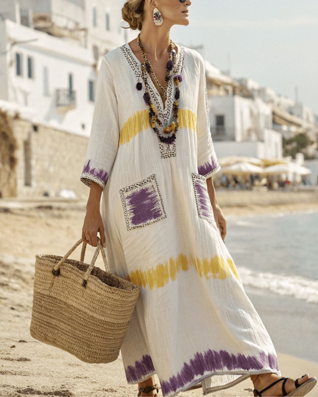 Vyla™ V-Neck Kaftan Maxi Dress with Yellow Purple Stripe Detail