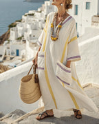Vyla™ V-Neck Kaftan Maxi Dress with Yellow Purple Stripe Detail