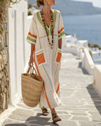 Vyla™ V-Neck Kaftan Maxi Dress with Green Orange Stripe Detail