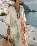 Vyla™ V-Neck Kaftan Maxi Dress with Green Orange Stripe Detail