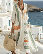 Vyla™ V-Neck Kaftan Maxi Dress with Green Orange Stripe Detail