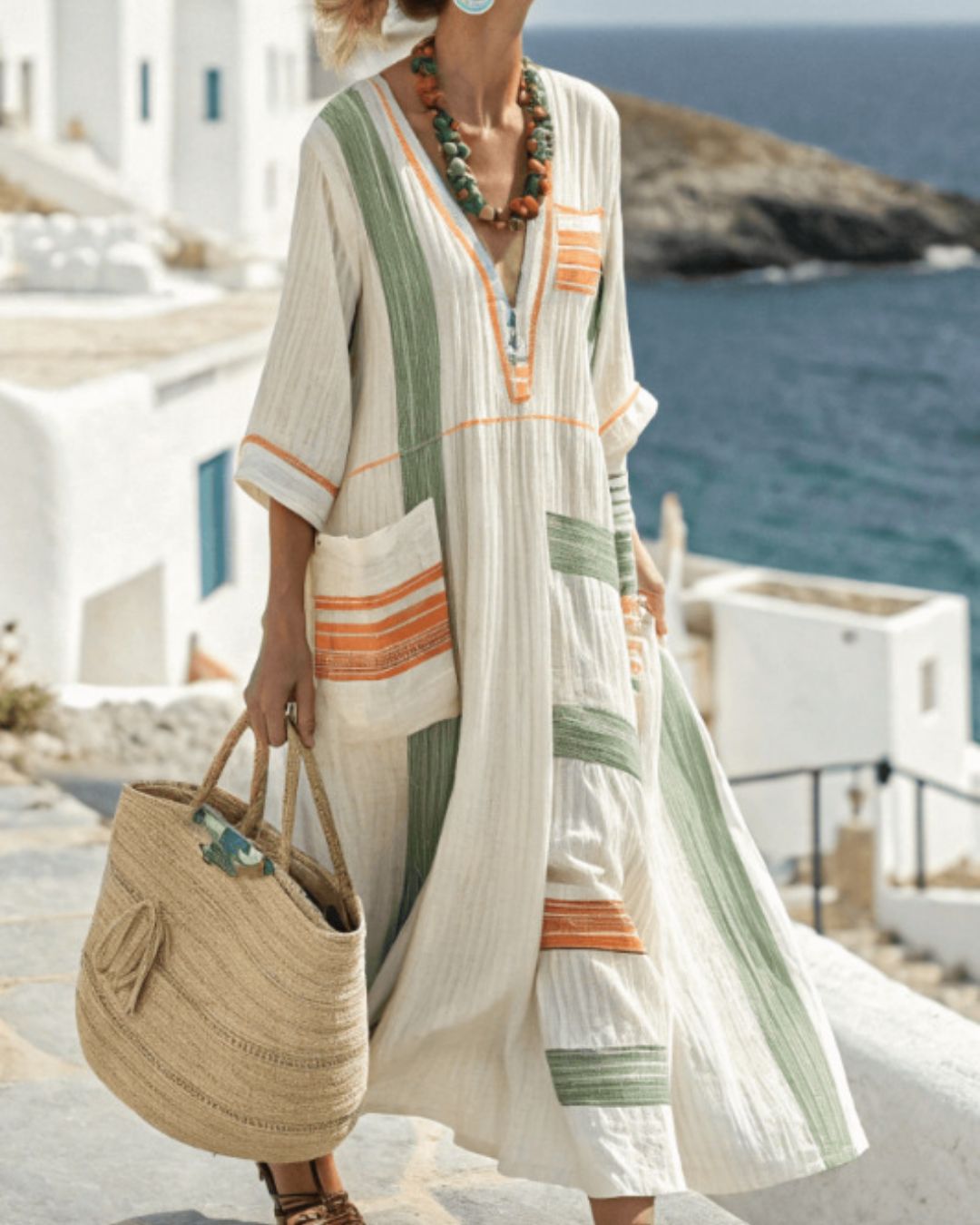 Vyla™ V-Neck Kaftan Maxi Dress with Green Orange Stripe Detail