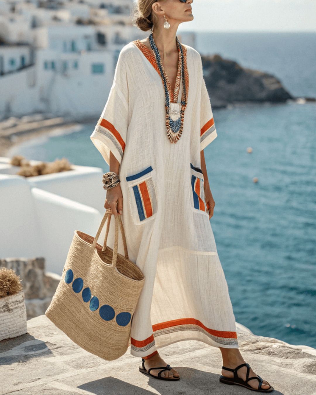 Vyla™ V-Neck Kaftan Maxi Dress with Blue Orange Stripe Detail