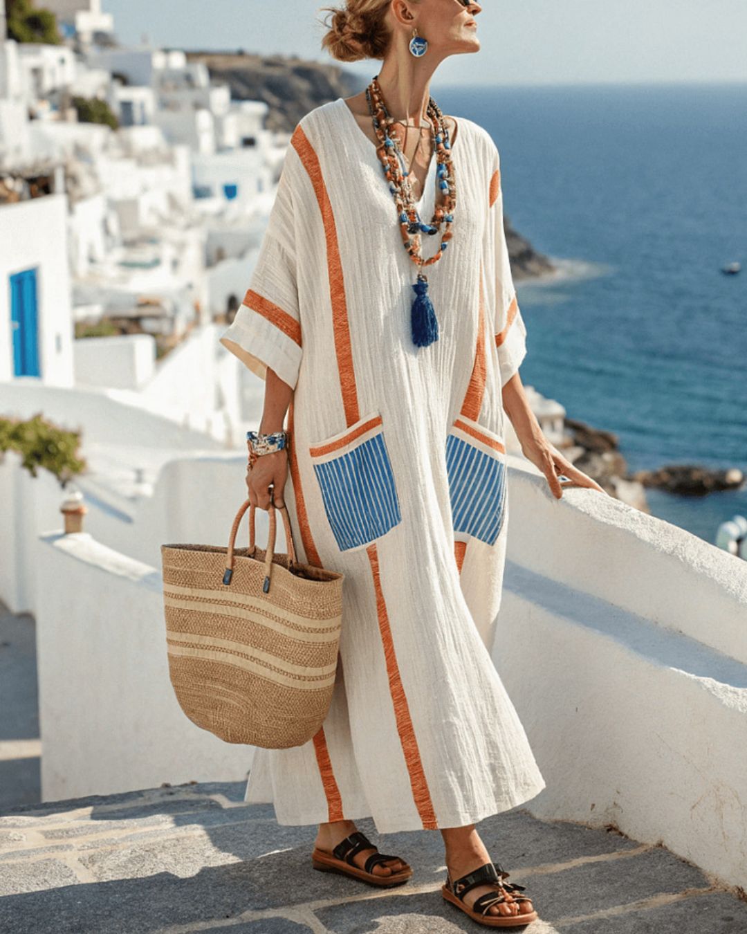 Vyla™ V-Neck Kaftan Maxi Dress with Blue Orange Stripe Detail