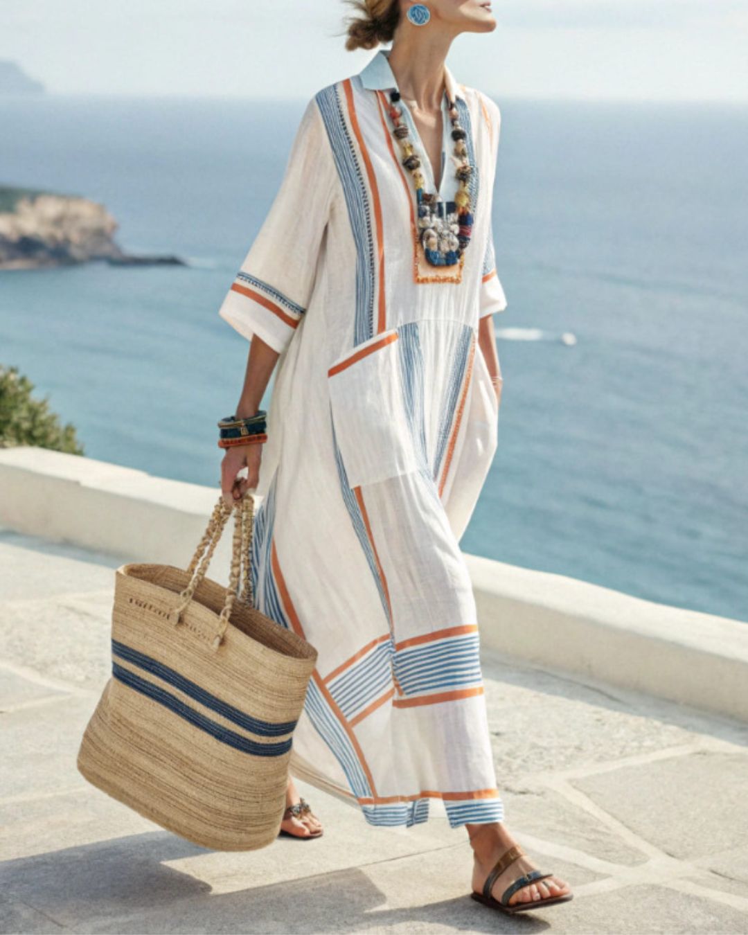 Vyla™ V-Neck Kaftan Maxi Dress with Blue Orange Stripe Detail