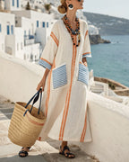 Vyla™ V-Neck Kaftan Maxi Dress with Blue Orange Stripe Detail