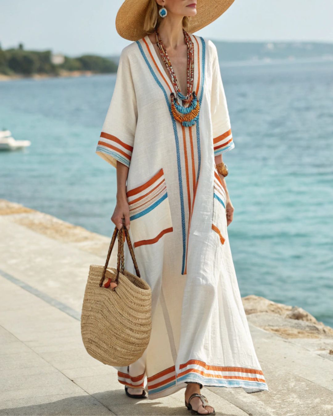 Vyla™ V-Neck Kaftan Maxi Dress with Blue Orange Stripe Detail