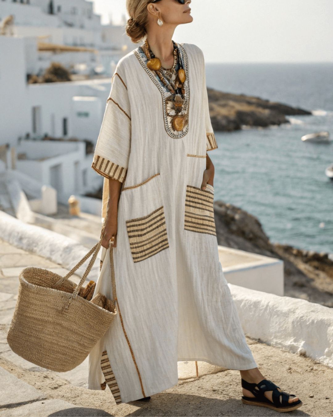 Vyla™ V-Neck Kaftan Maxi Dress with Flower Detail