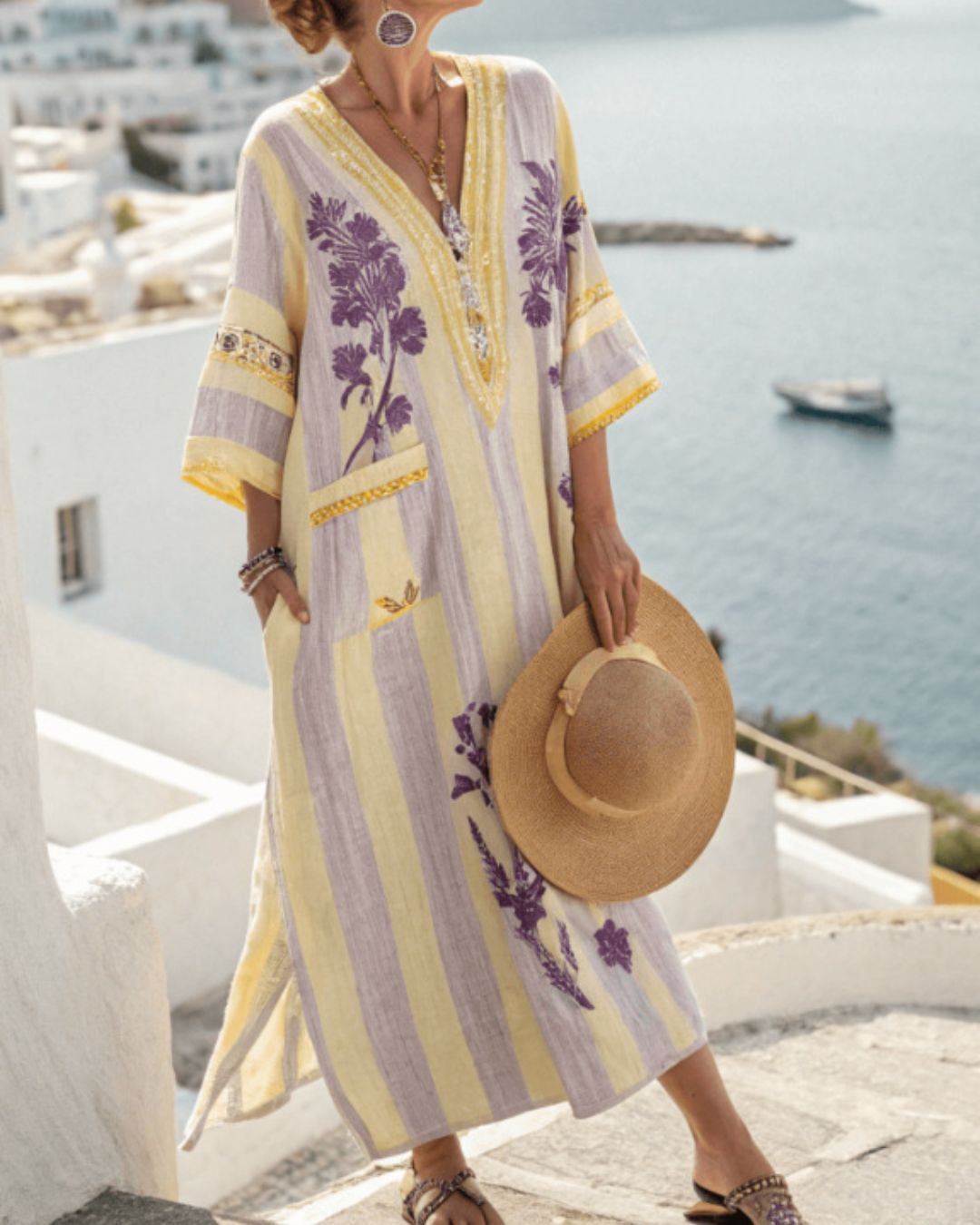Vyla™ V-Neck Kaftan Maxi Dress with Flower Detail