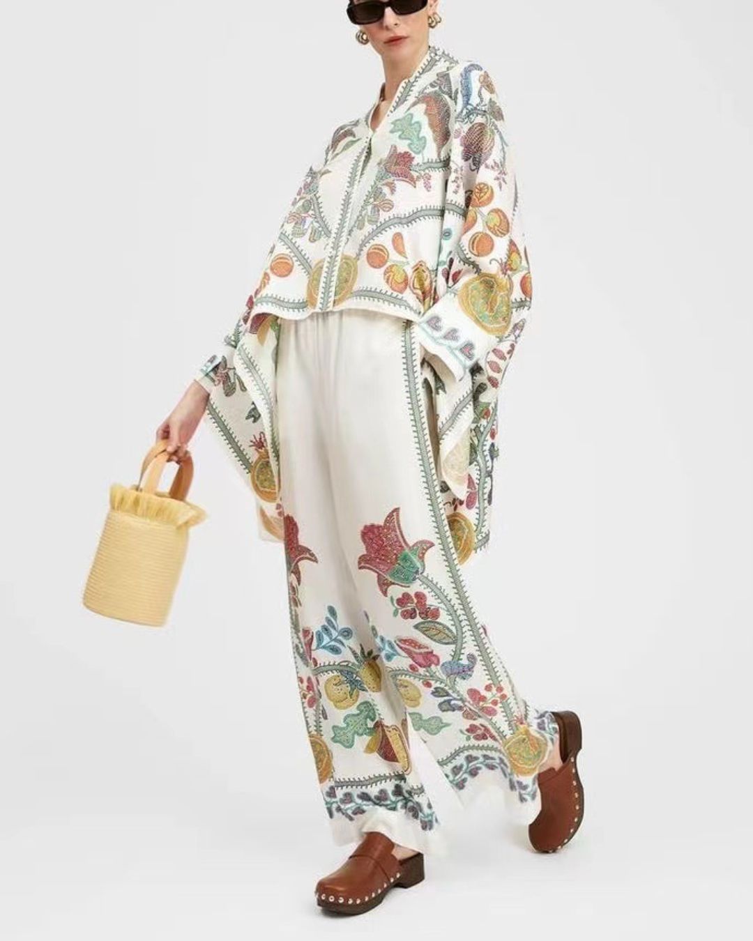Vyla™ Grenadilla Print Silk-Twill Blouse Flowy Loose-Cut Sleeves Italian Elegant Set