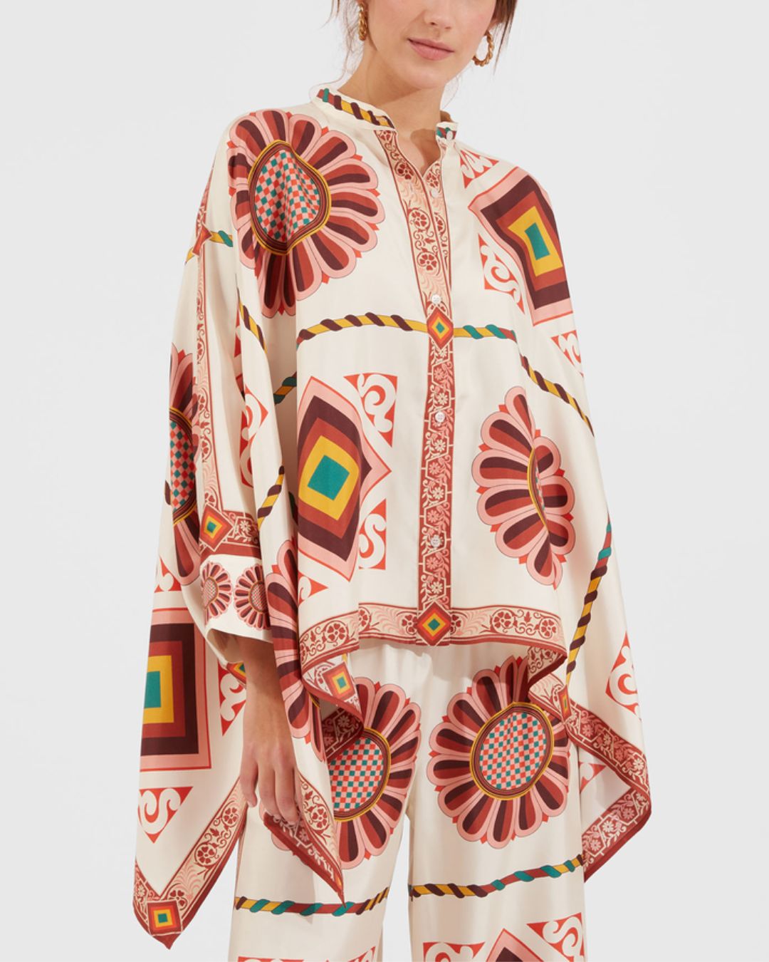 Vyla™ Macro Tiles Placée Twill Shirt and Pants Set Elegant Printed Two-Piece Outfit