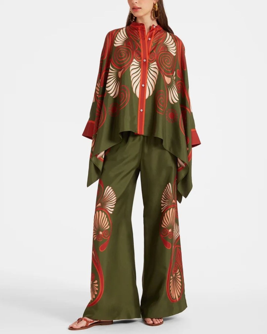 Vyla™ Kerylos Placée Dark Green Twill Silk Blouse Peacock Wing Print Elegant Flowy Set