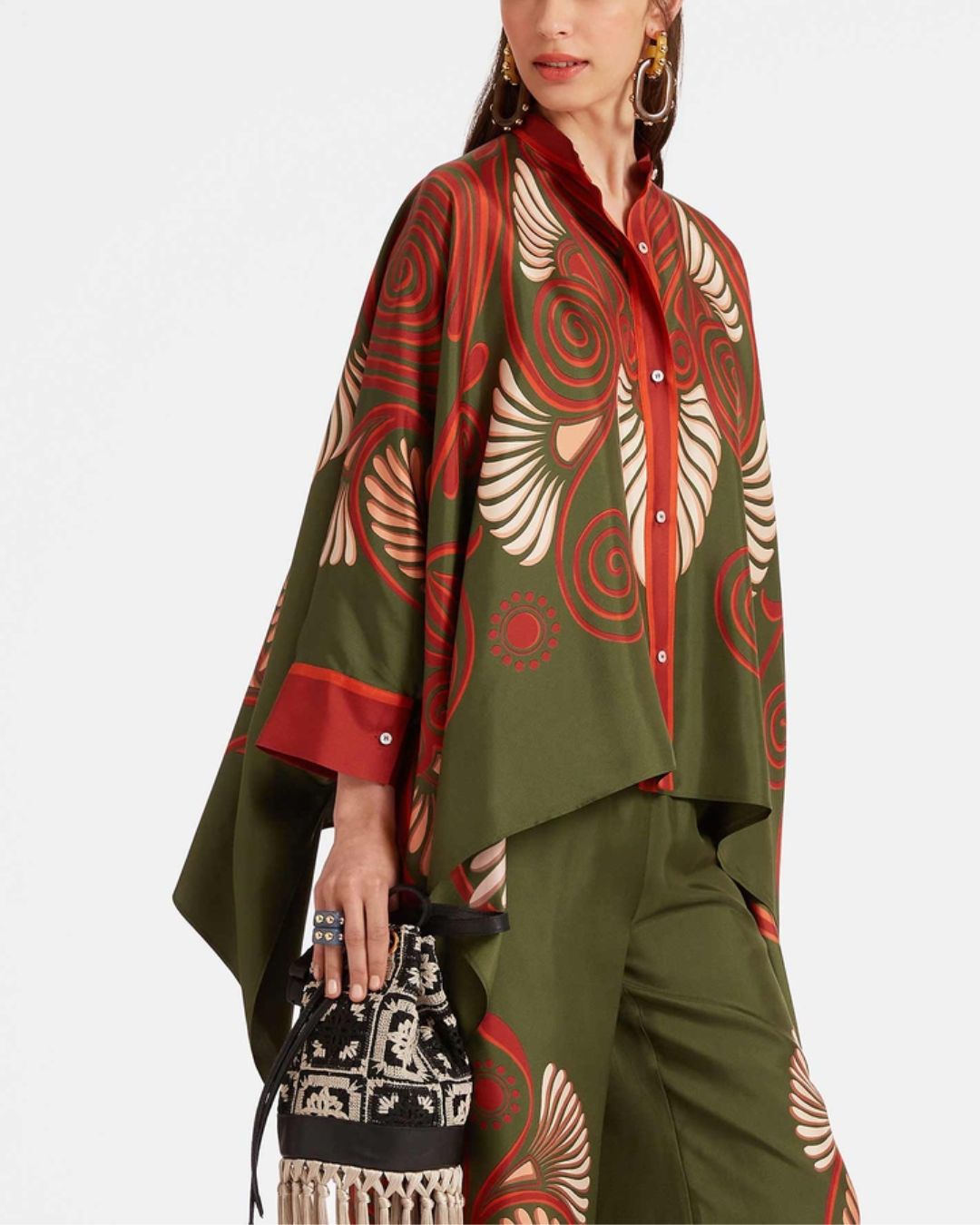 Vyla™ Kerylos Placée Dark Green Twill Silk Blouse Peacock Wing Print Elegant Flowy Set