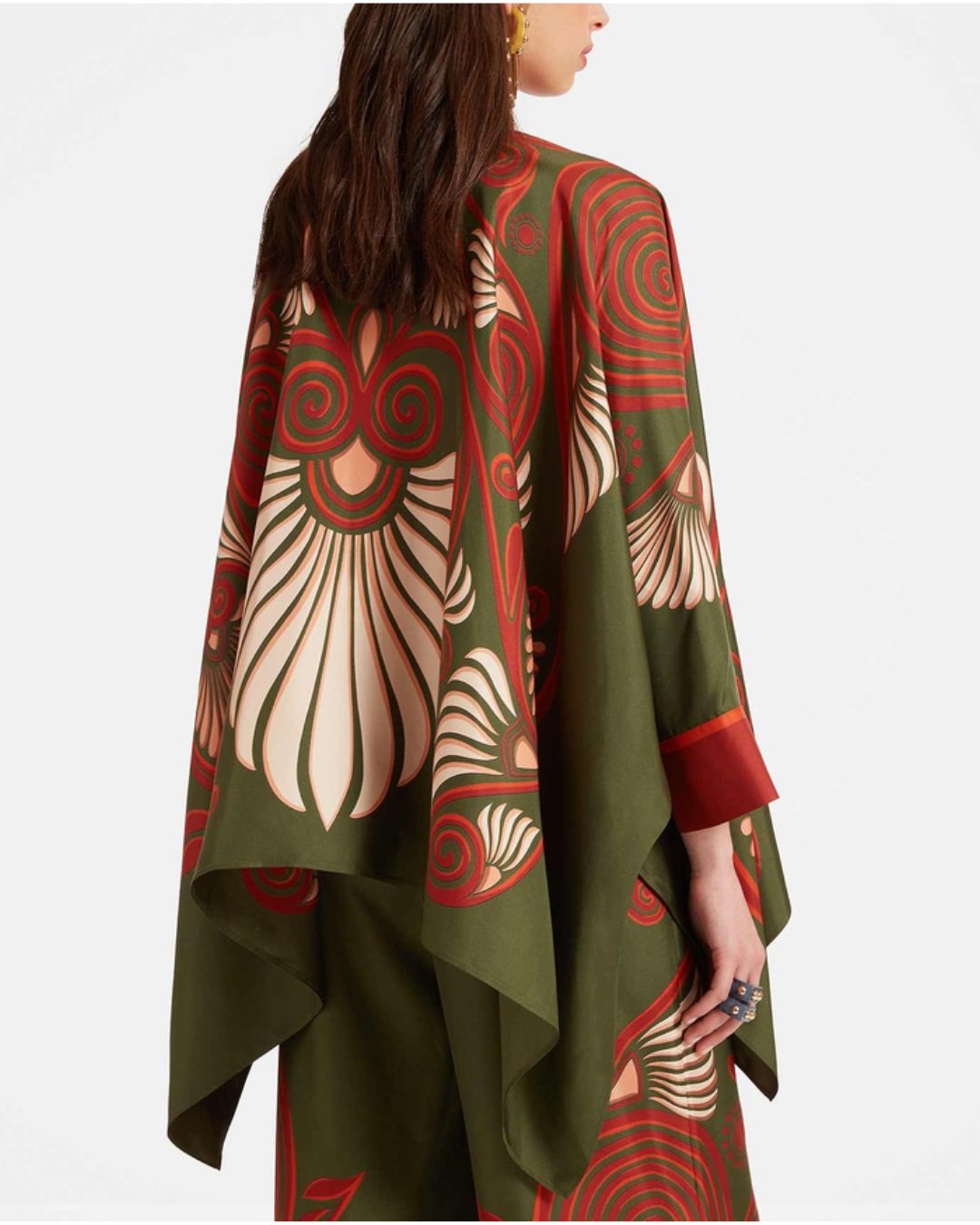 Vyla™ Kerylos Placée Dark Green Twill Silk Blouse Peacock Wing Print Elegant Flowy Set