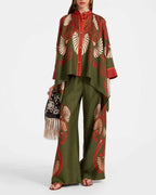 Vyla™ Kerylos Placée Dark Green Twill Silk Blouse Peacock Wing Print Elegant Flowy Set