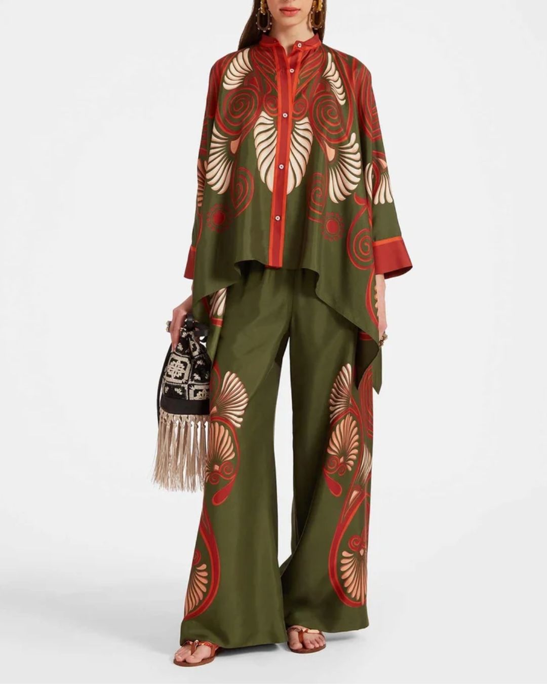 Vyla™ Kerylos Placée Dark Green Twill Silk Blouse Peacock Wing Print Elegant Flowy Set
