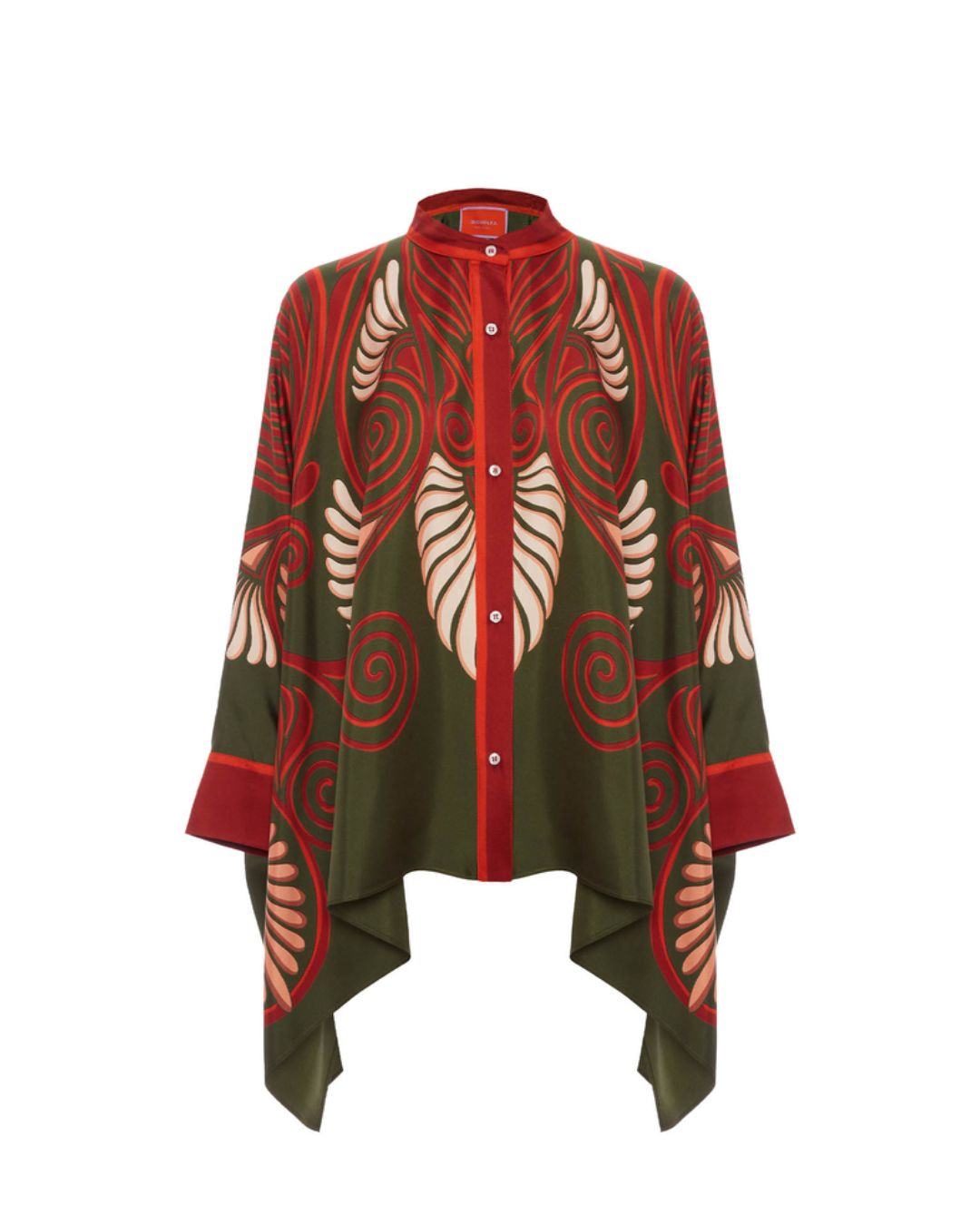 Vyla™ Kerylos Placée Dark Green Twill Silk Blouse Peacock Wing Print Elegant Flowy Set