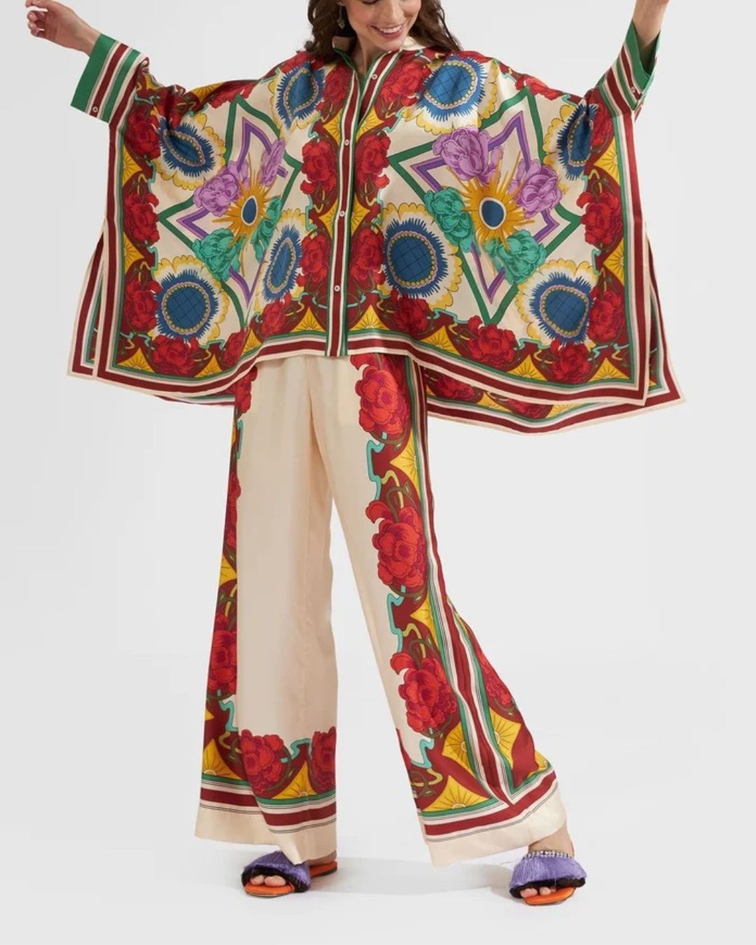Vyla™ Taormina Placée Ivory Twill Blouse Baroque Palace Print Elegant Flowy Set