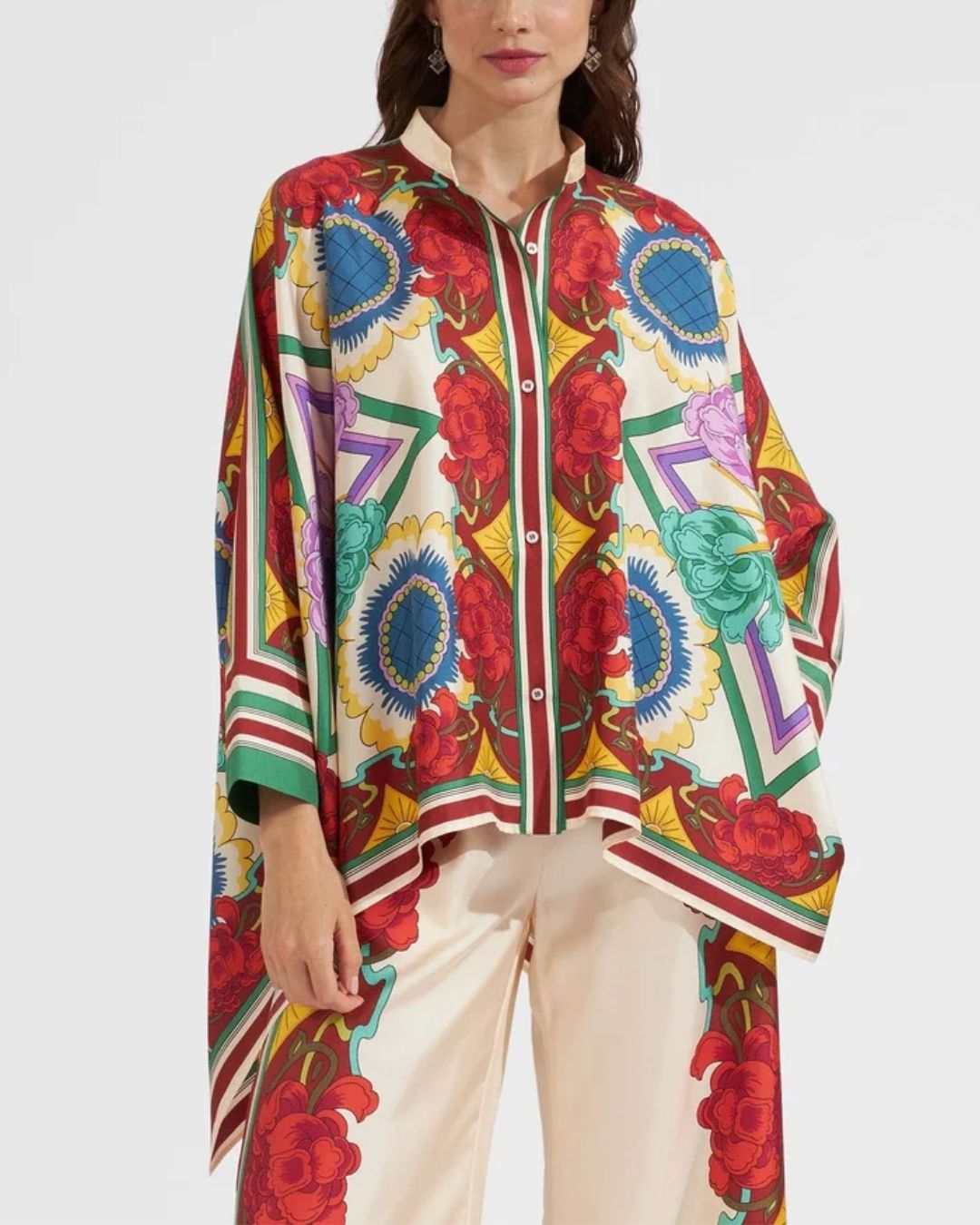 Vyla™ Taormina Placée Ivory Twill Blouse Baroque Palace Print Elegant Flowy Set