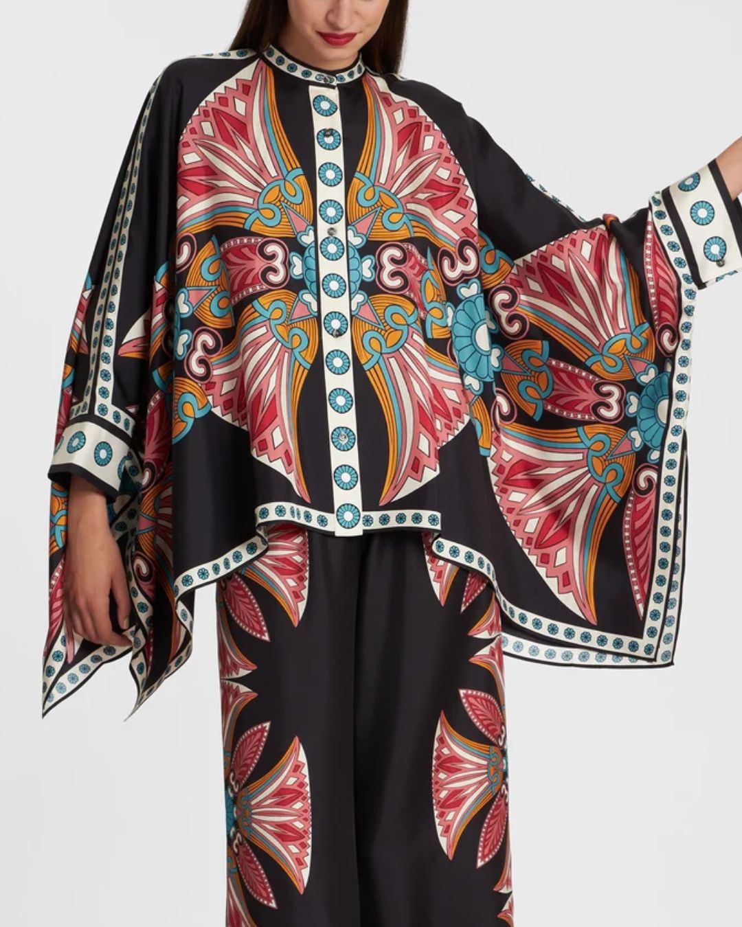 Vyla™ Lotus Placée Pink Twill Foulard Shirt Elegant Lotus Print Blouse Set