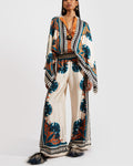 Vyla™ Ivory and Teal Printed Elegant Flowy Caftan Set