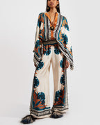 Vyla™ Ivory and Teal Printed Elegant Flowy Caftan Set