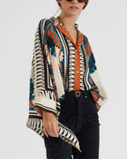 Vyla™ Ivory and Teal Printed Elegant Flowy Caftan Set