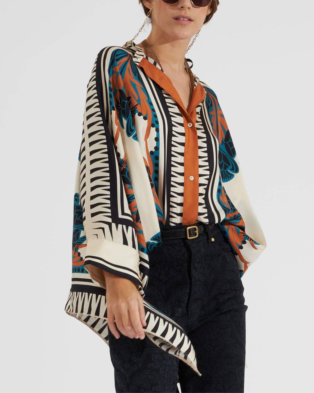 Vyla™ Ivory and Teal Printed Elegant Flowy Caftan Set