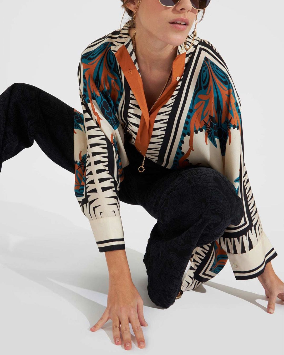 Vyla™ Ivory and Teal Printed Elegant Flowy Caftan Set