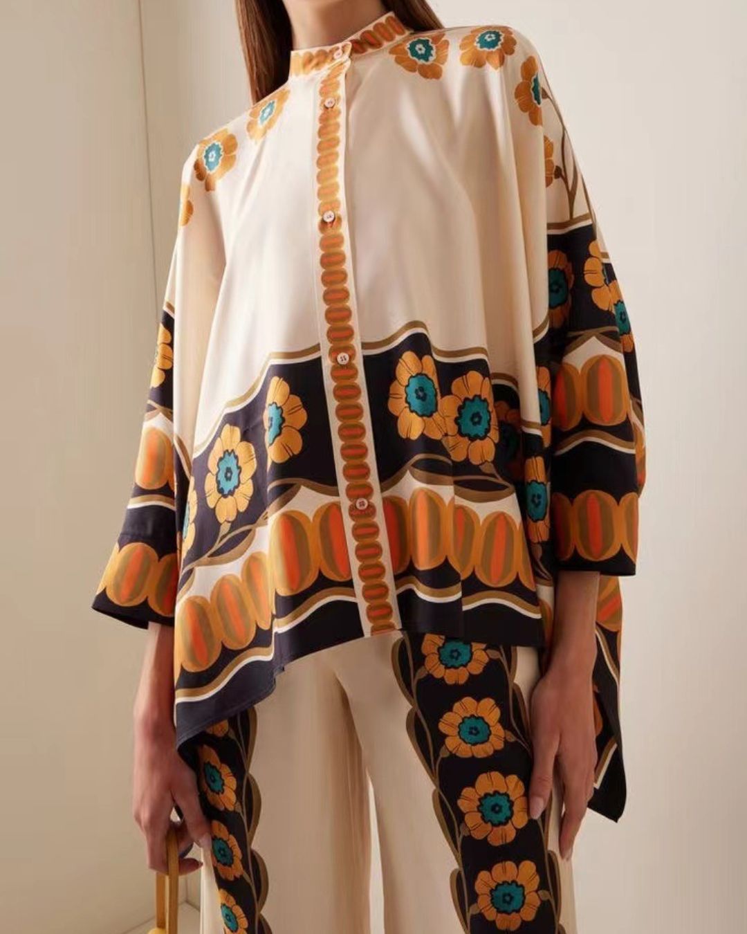 Vyla™ Yellow Daisy Floral Print Two-Piece Set Elegant Shirt and Pants Outfit