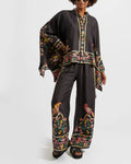 Vyla™ Borboni Placée Nero Twill Blouse Vintage Baroque Print Elegant Flowy Set