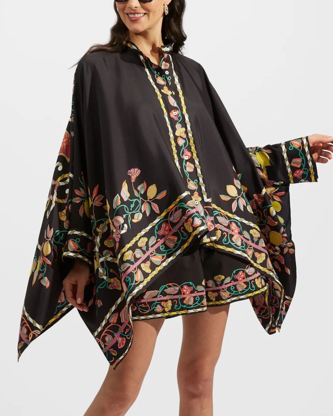 Vyla™ Borboni Placée Nero Twill Blouse Vintage Baroque Print Elegant Flowy Set