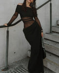 Vyla™ Elegant Long Sleeve Off Shoulder Ruched Sheer Mesh Dress