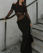 Vyla™ Elegant Long Sleeve Off Shoulder Ruched Sheer Mesh Dress