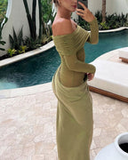 Vyla™ Elegant Long Sleeve Off Shoulder Ruched Sheer Mesh Dress