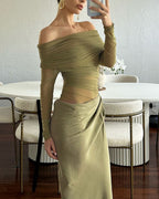 Vyla™ Elegant Long Sleeve Off Shoulder Ruched Sheer Mesh Dress
