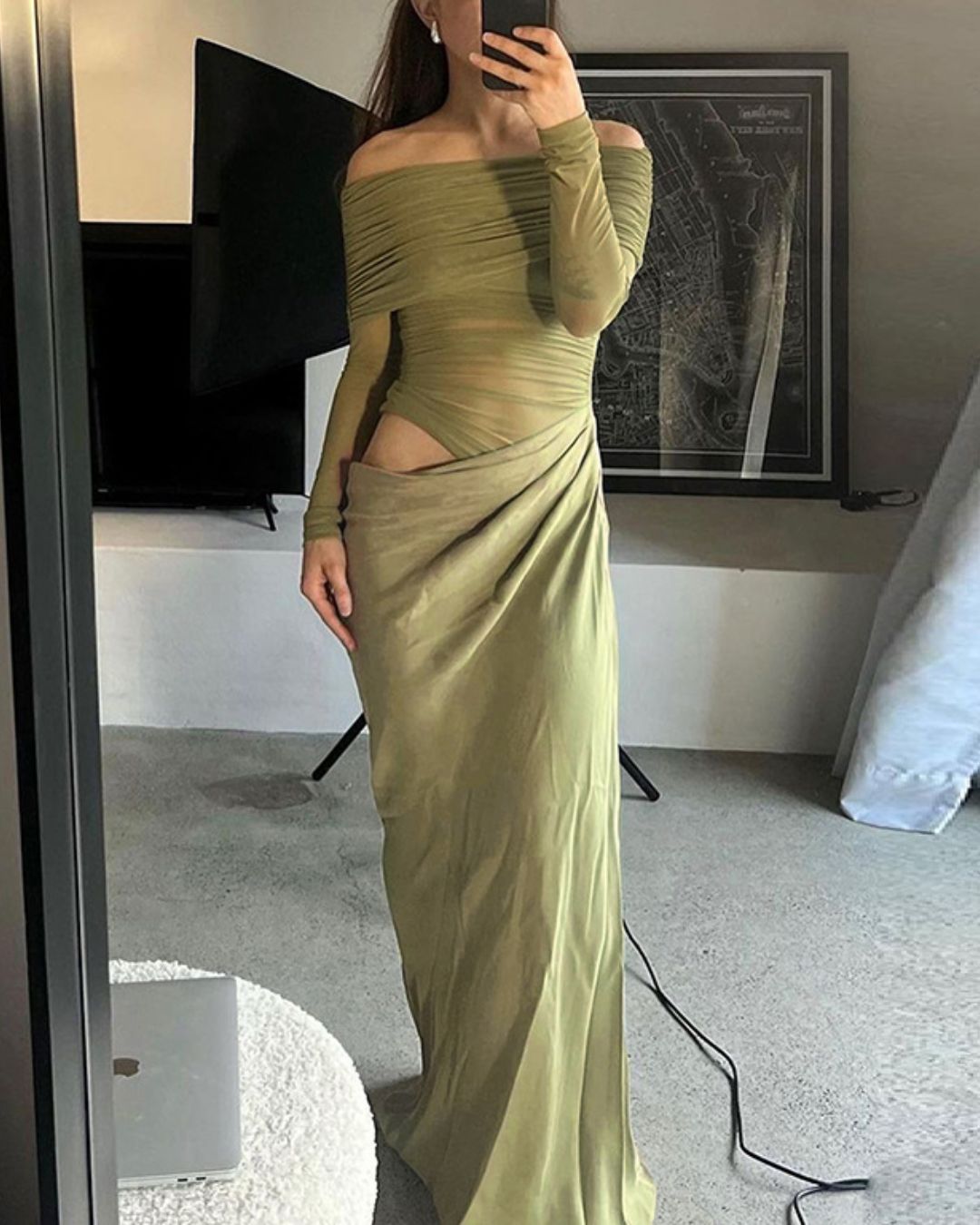 Vyla™ Elegant Long Sleeve Off Shoulder Ruched Sheer Mesh Dress