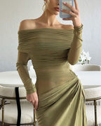 Vyla™ Elegant Long Sleeve Off Shoulder Ruched Sheer Mesh Dress